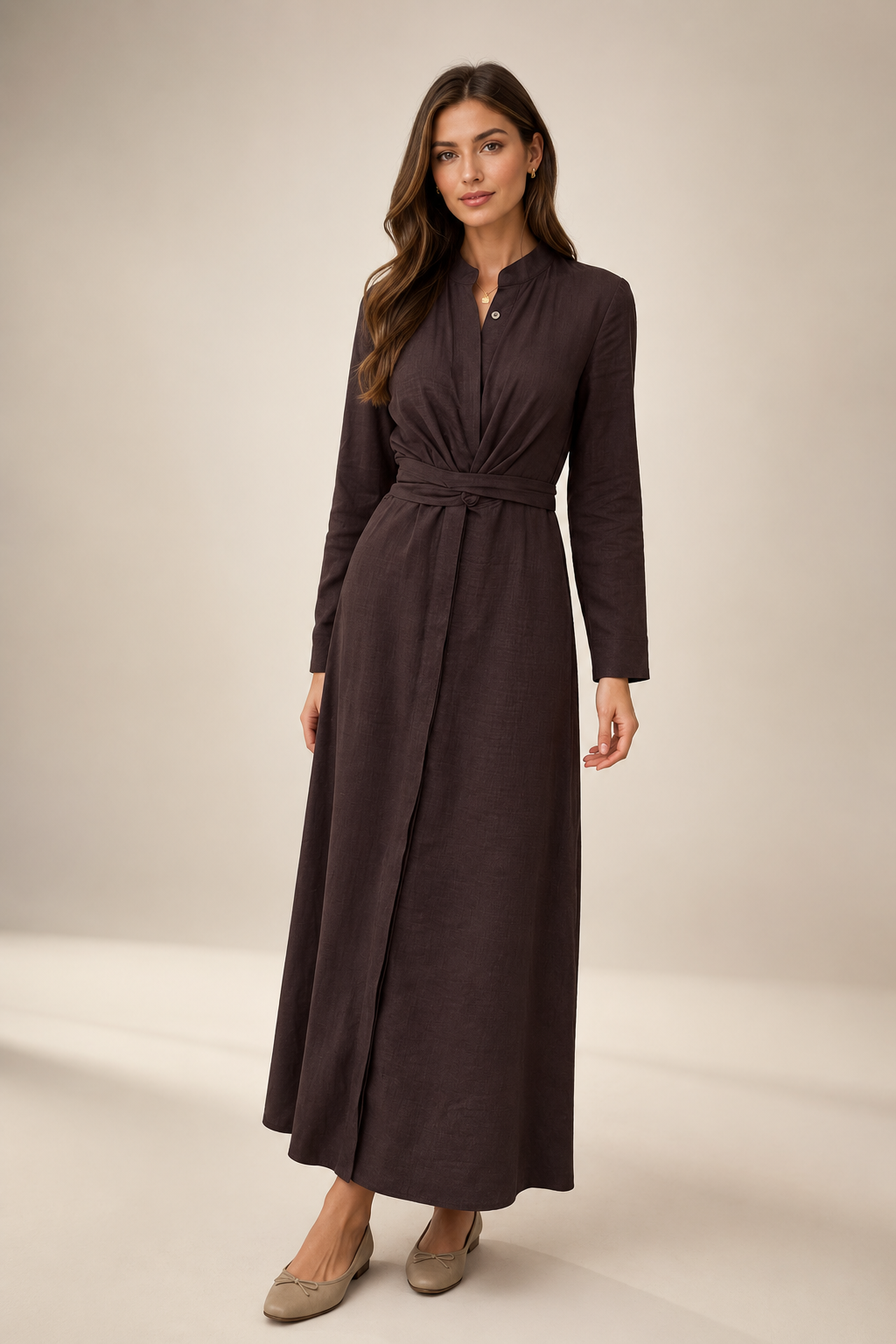 Brown Belted Maxi Dress