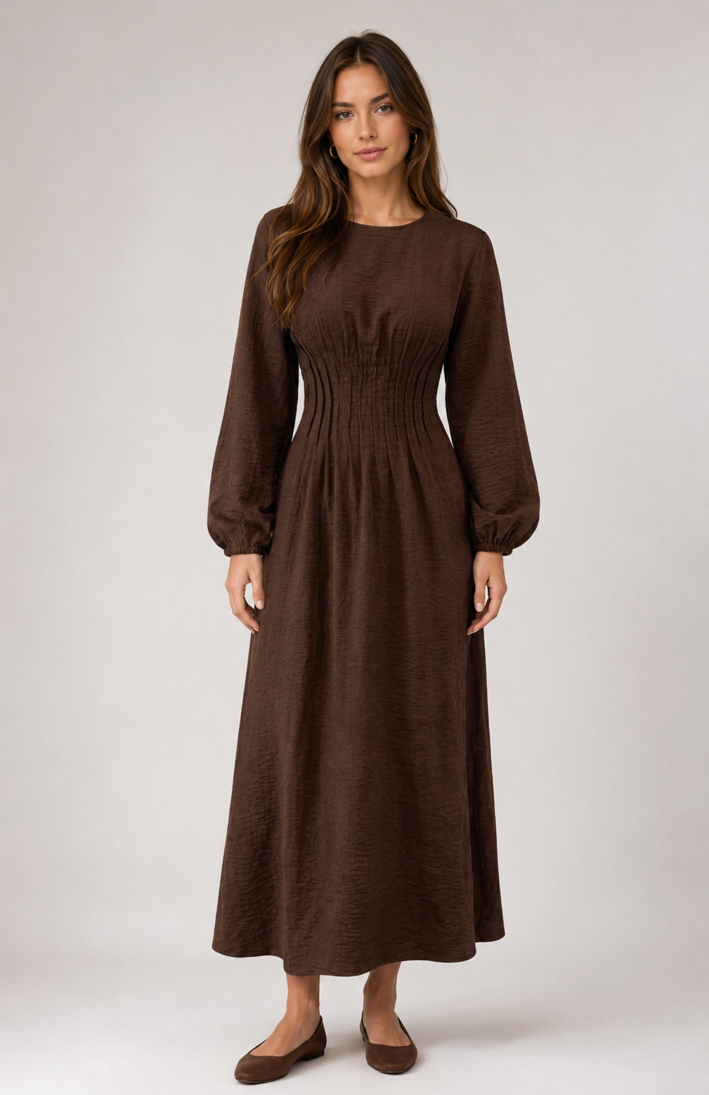 Brown Gathered Waist Dress