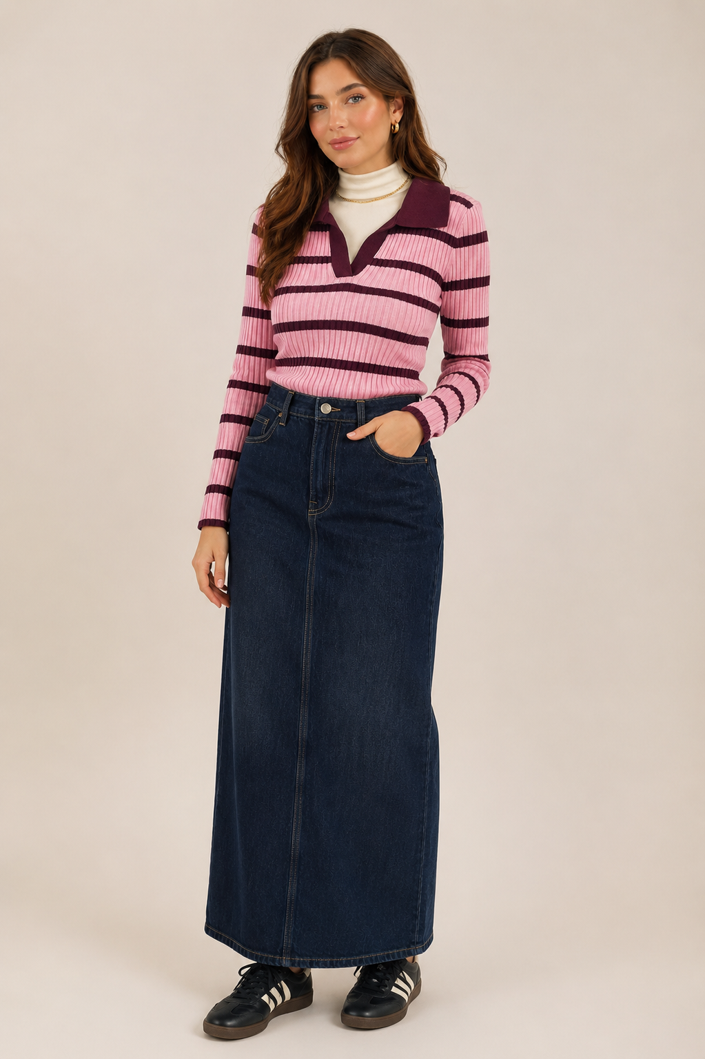 Pink Striped Collared Sweater