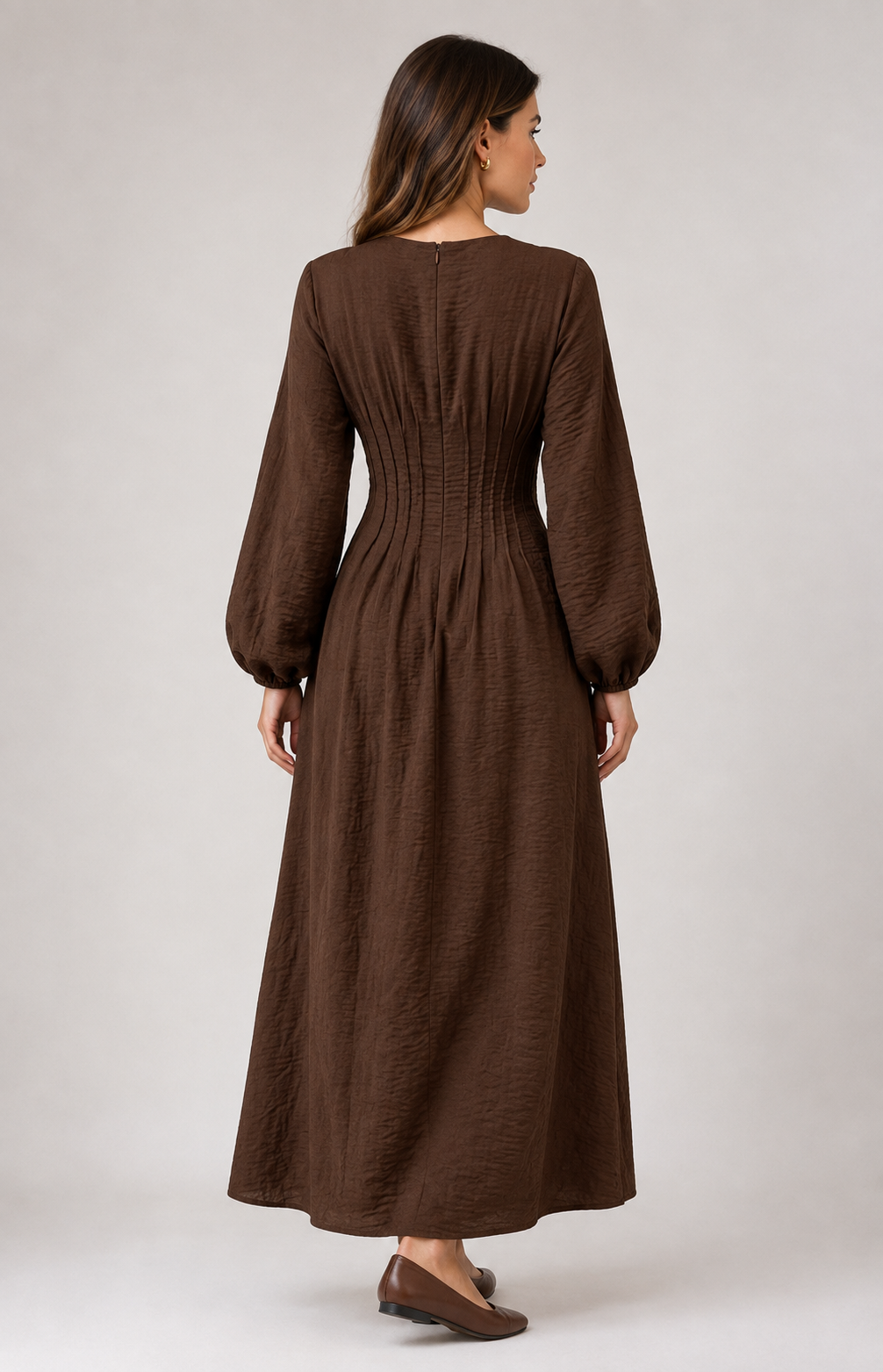 Brown Gathered Waist Dress